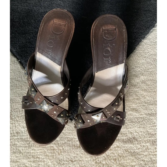 Dior Vintage Y2K Brown Leather Wood High Heel Slide Sandals Mules Studded 36 5.5 - Picture 3 of 5